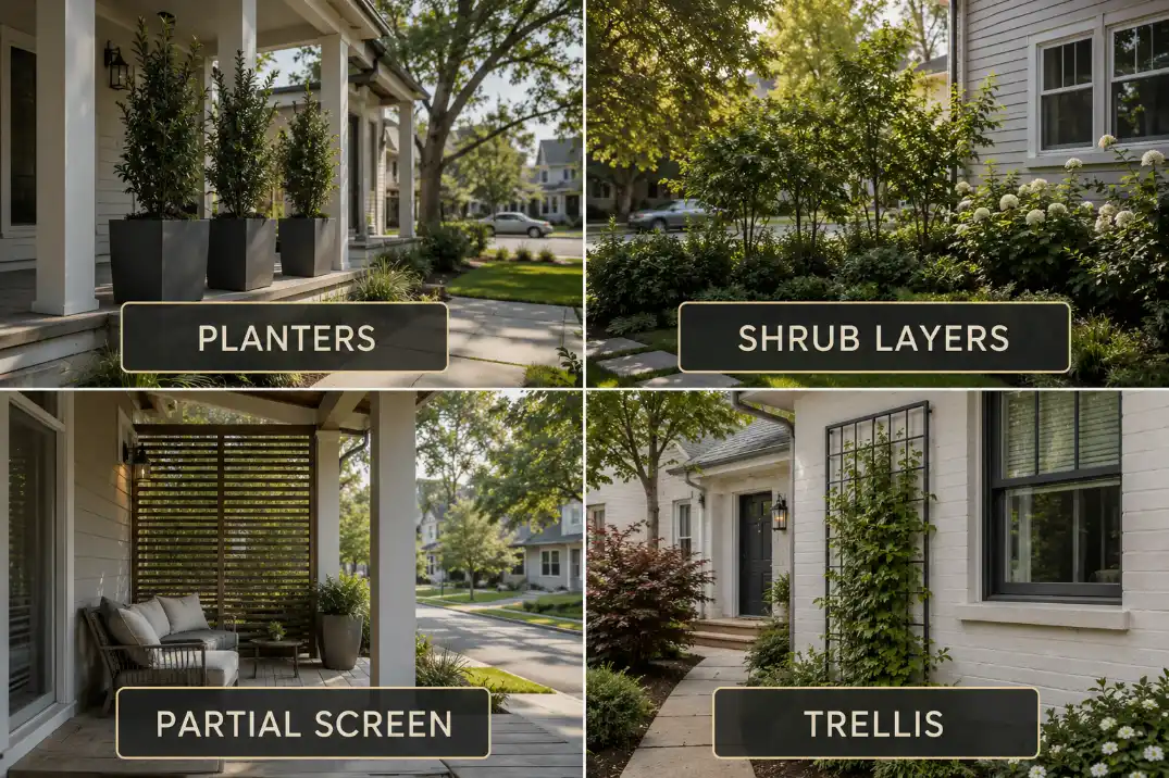 Four no-fence front yard privacy models compared: planters, shrub layers, partial screen, and trellis.