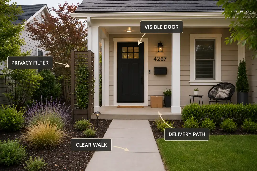 Front yard privacy layout showing clear walkway, visible door, delivery path, and a compact privacy filter beside the porch.