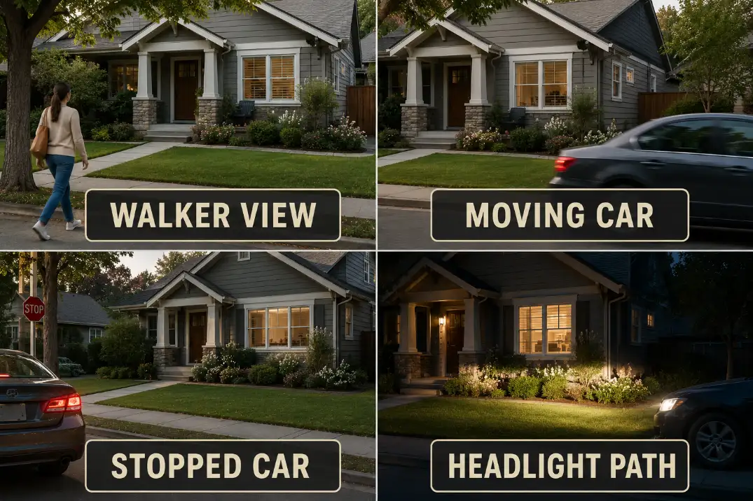 Four-panel comparison of walker view, moving car view, stopped car view, and headlight path affecting street-facing front yard privacy.