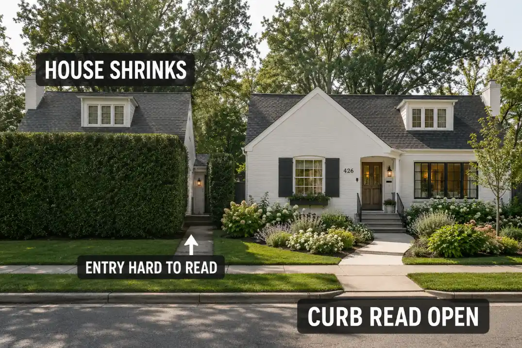 A continuous privacy hedge makes a front yard house look smaller from the curb compared with a lighter broken planting edge.