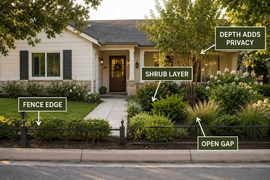 Low fence used as the front edge of a layered planting bed with shrubs, open gaps, and privacy depth.