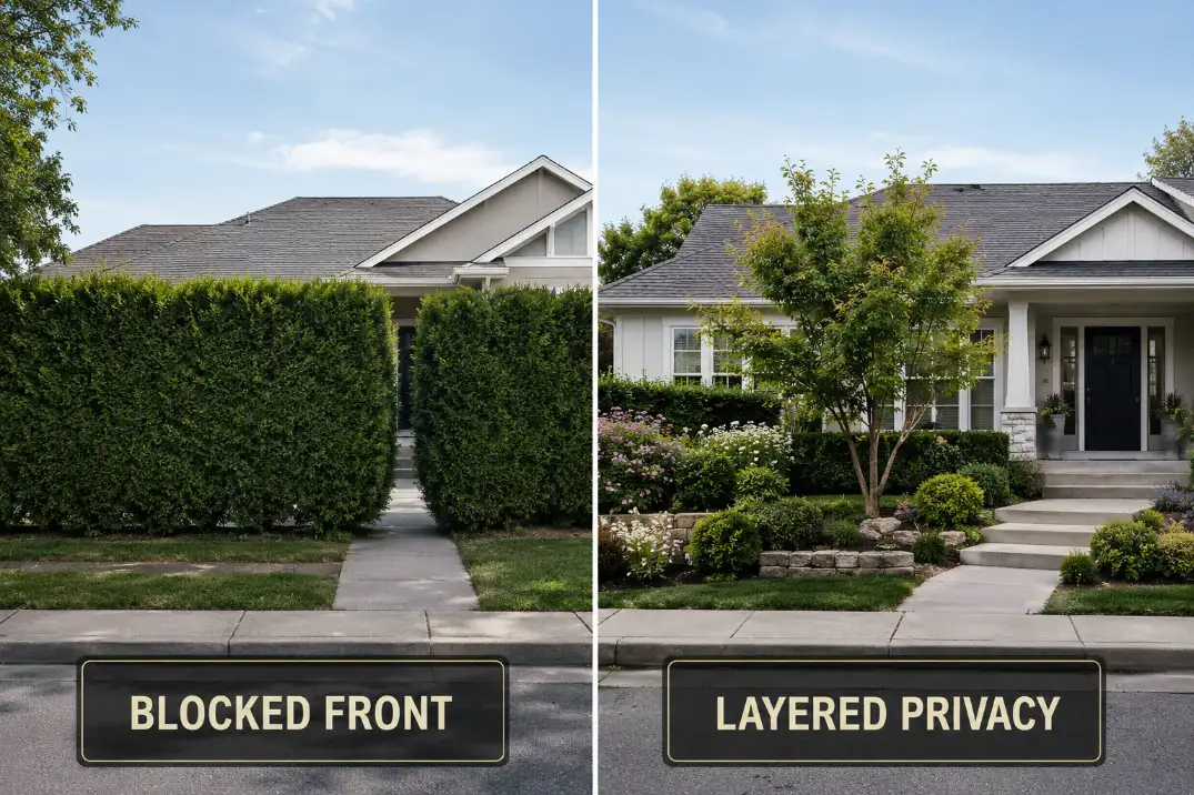 Comparison of a blocked front yard and layered privacy landscaping that keeps the entry visible.