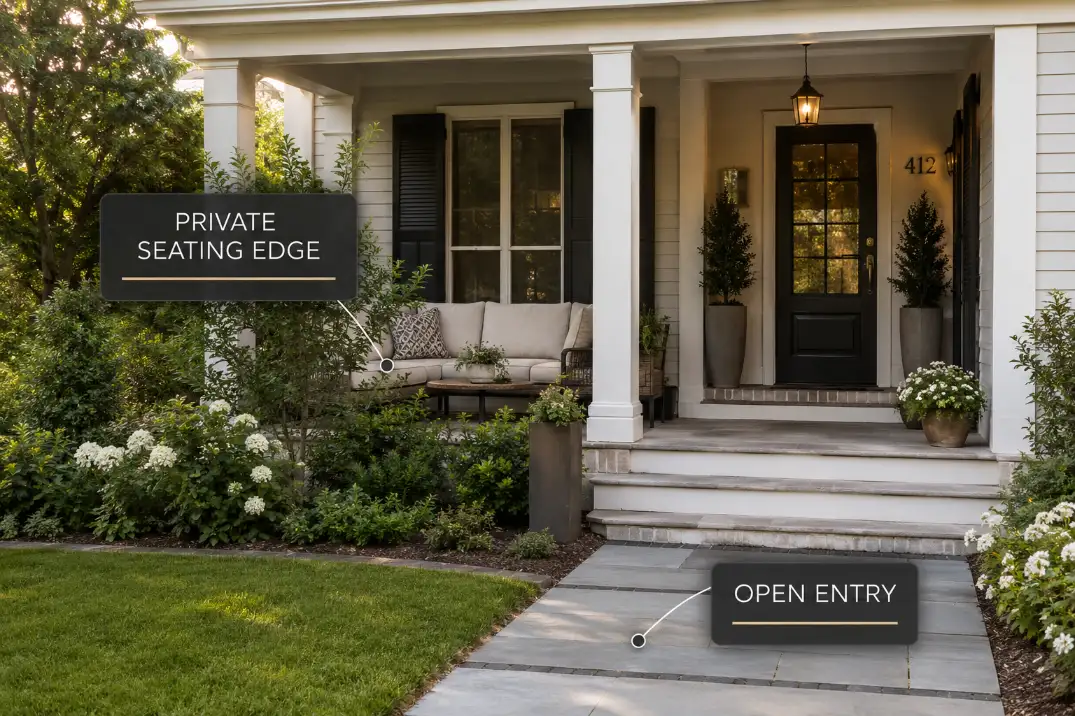 Front porch privacy planting protects a seating edge while keeping the entry, walkway, and front door visible.