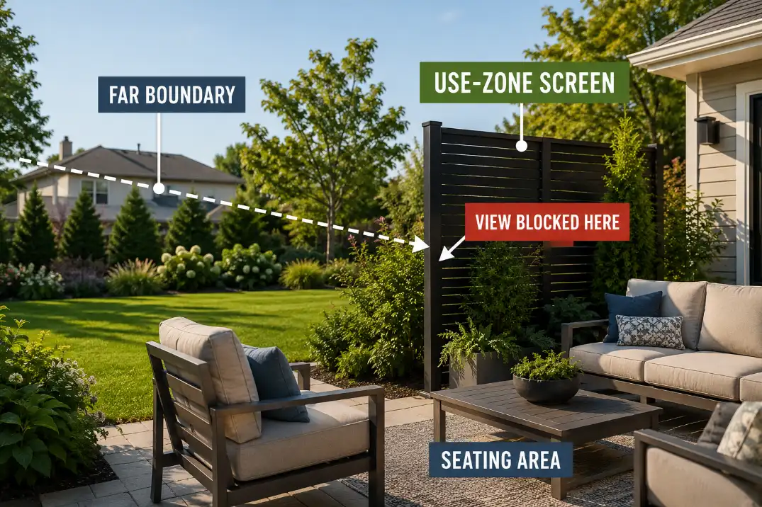 Close use-zone screen blocking a backyard sightline before it reaches the seating area.
