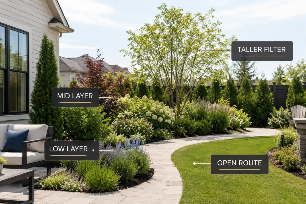 Layered privacy landscaping with low planting, mid-height shrubs, taller filtering, and an open yard route.