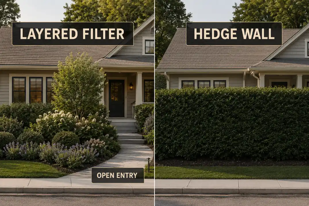Comparison of layered shrub privacy versus a heavy hedge wall in a front yard without a fence.