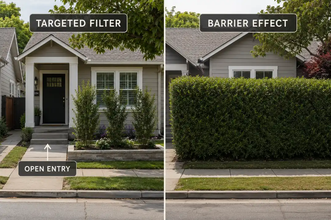 Split comparison of a targeted front yard privacy filter versus a too-heavy barrier effect in a small front yard.
