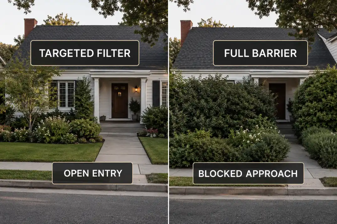 Split comparison of targeted street-edge privacy filtering versus a full front-yard barrier blocking the approach.