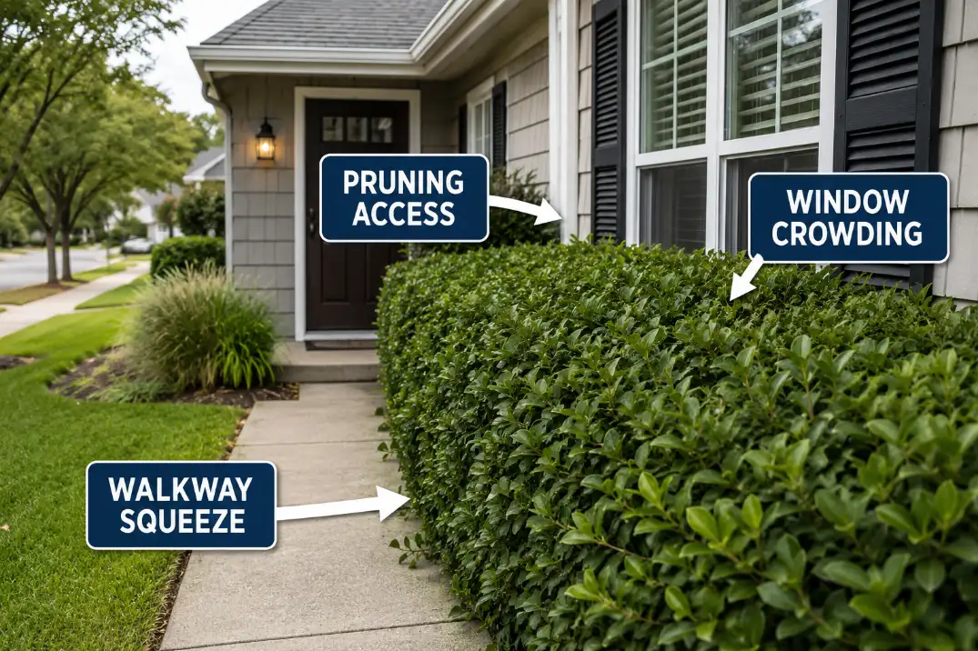 A mature front yard privacy hedge crowds a walkway and window, showing the maintenance pressure created by hedge screening.