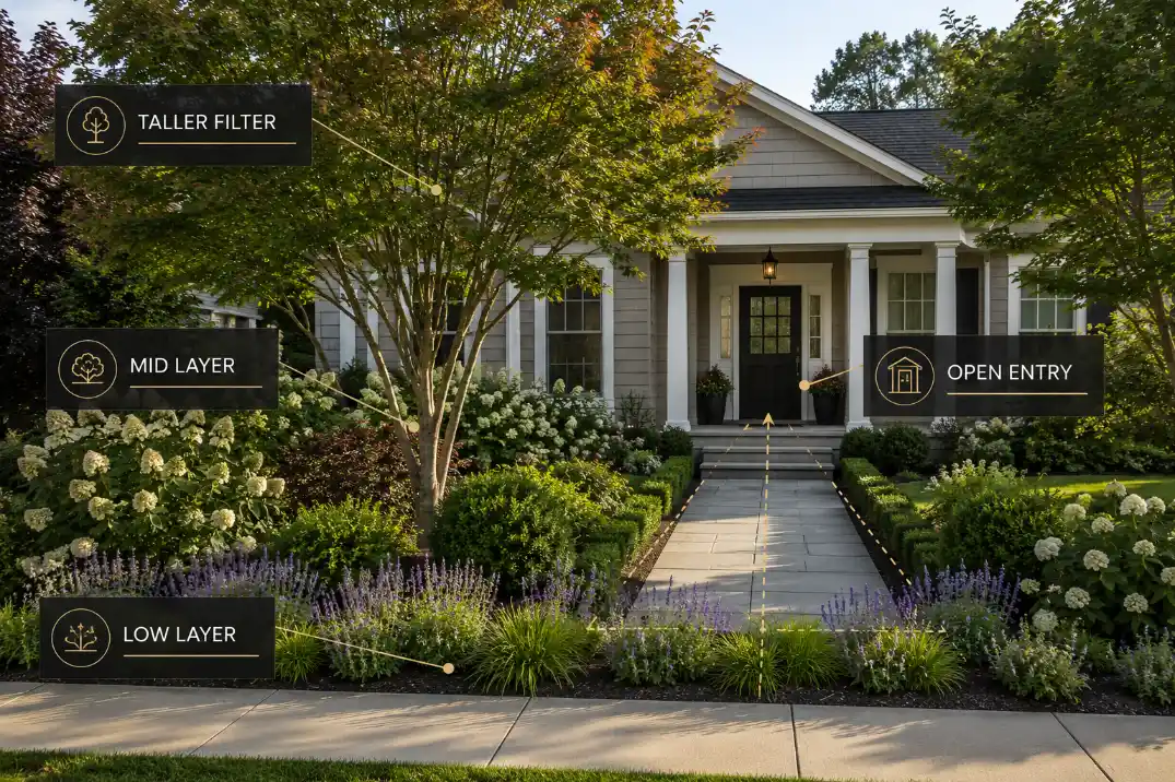 Layered front yard privacy planting with low plants, mid-height shrubs, a taller filter, and an open entry.