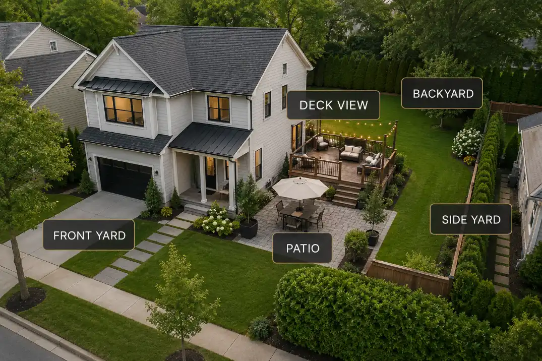 Suburban yard diagram showing privacy planning zones for front yard, patio, backyard, side yard, and deck view.