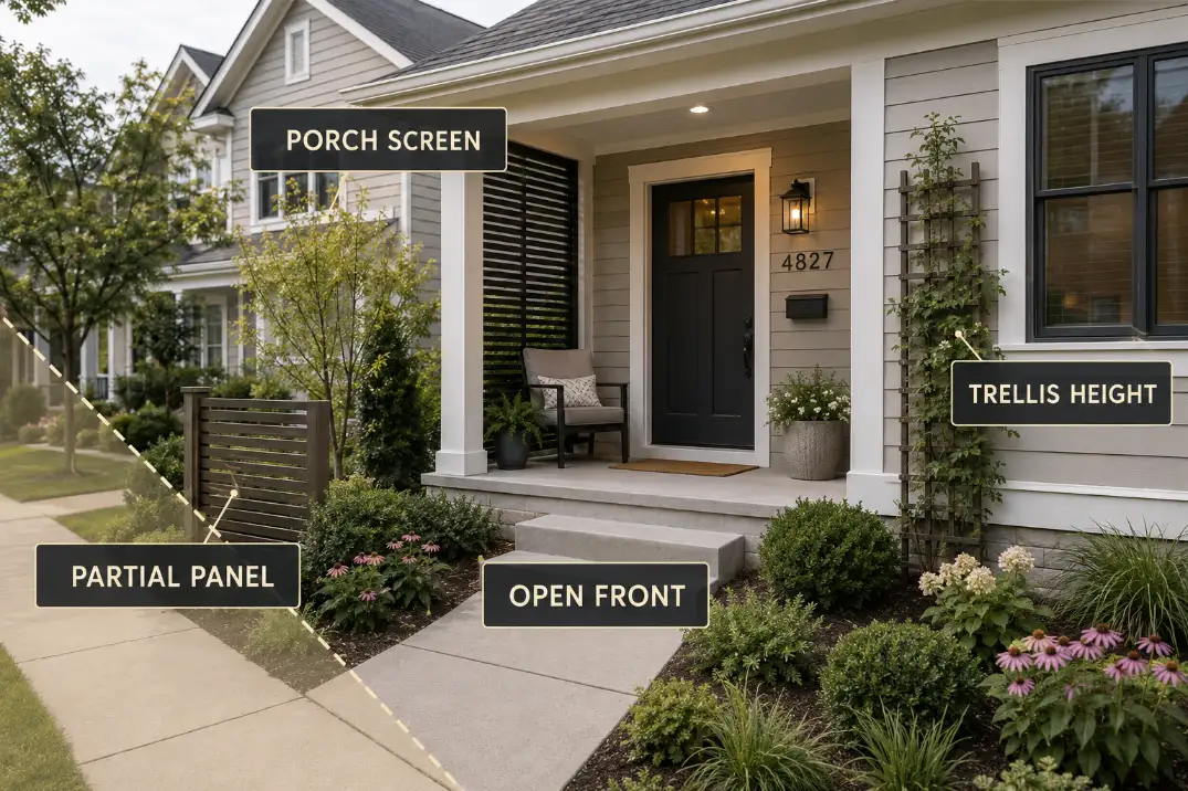 Porch screen, partial panel, and trellis used for close-to-house front yard privacy while keeping the entry visible.