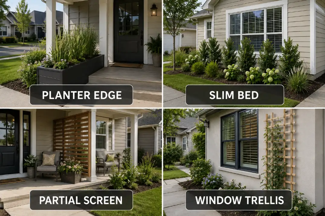 Four compact small front yard privacy options showing a planter edge, slim bed, partial screen, and window trellis.