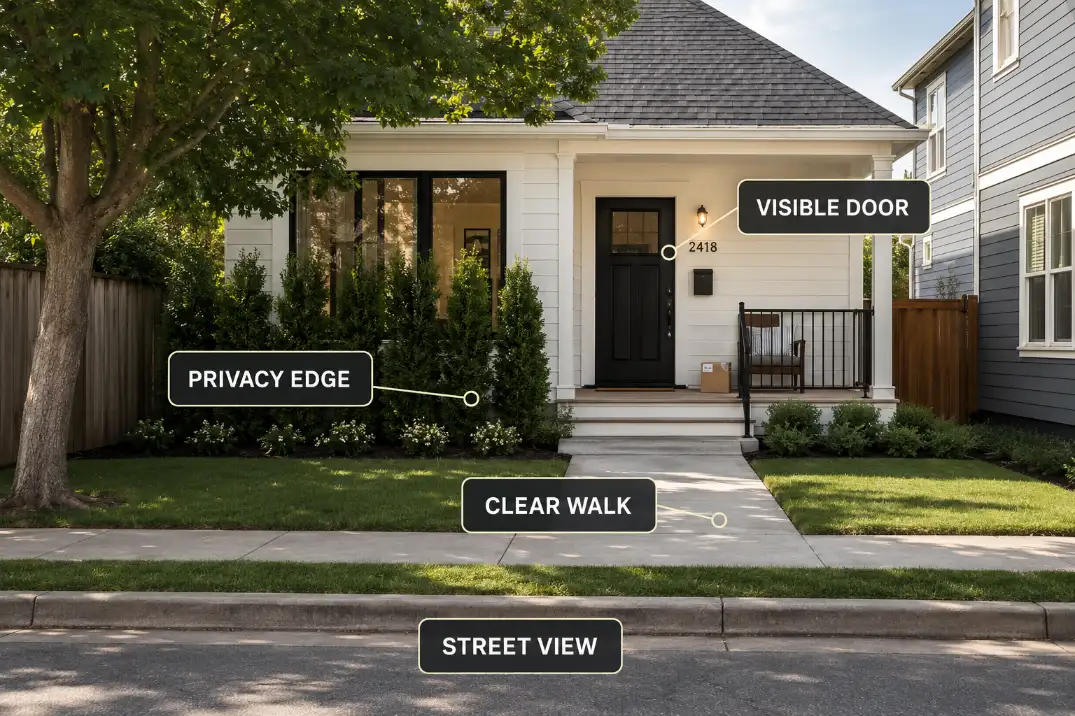 Street-facing front yard privacy edge that softens the street view while keeping the front door, walkway, and house number visible.