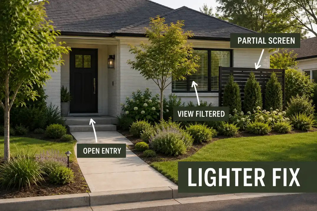 A lighter front yard privacy layout uses staggered shrubs, a small tree, and a partial screen instead of a full hedge wall.