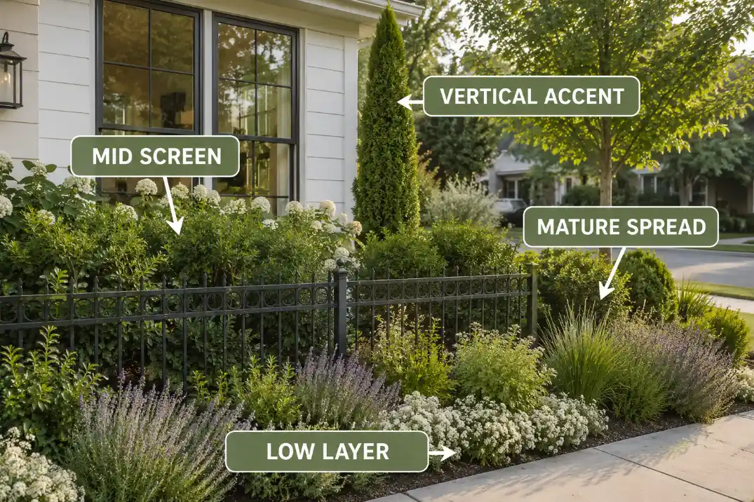 Planting layers behind a low front yard fence showing low plants, mid screening shrubs, and a vertical accent.