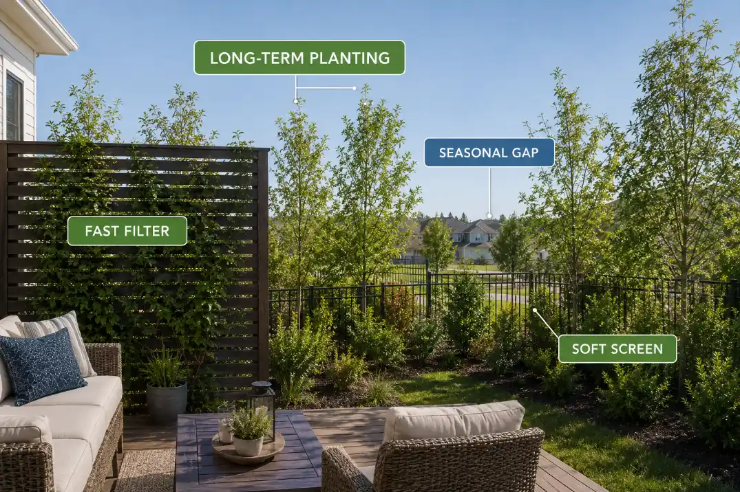 Fast backyard privacy screen working near seating while planting grows into a long-term soft screen.