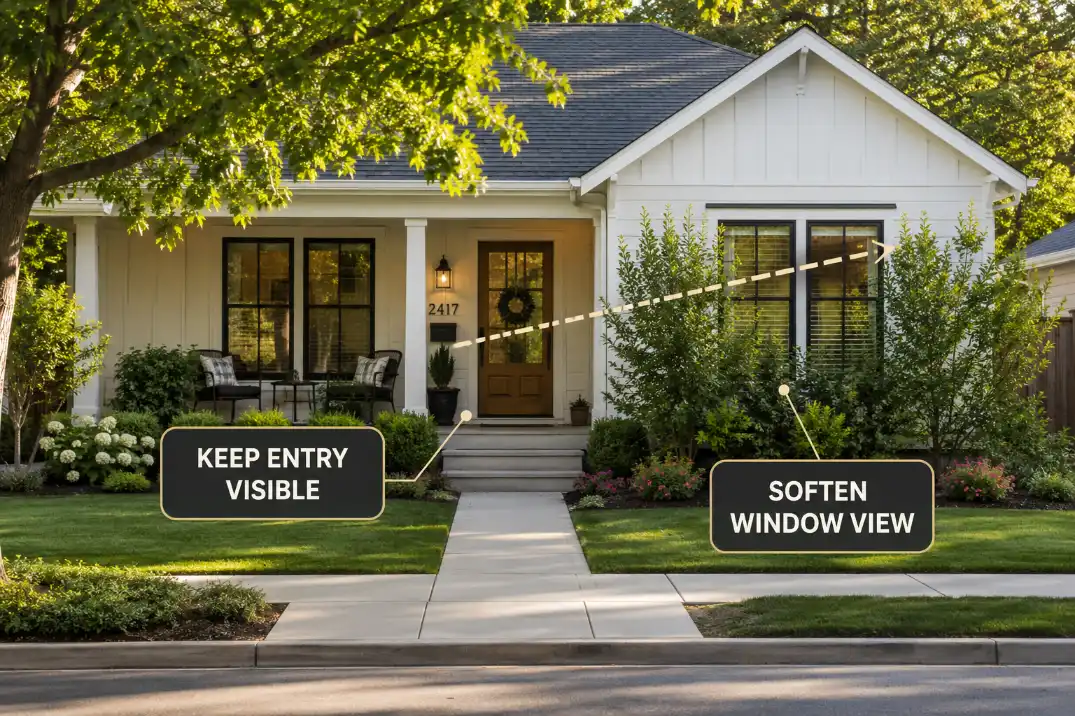 Front yard privacy landscaping softening a window view while keeping the entry, walkway, and address visible.