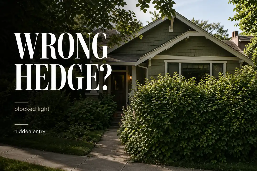 Overgrown front yard privacy hedge blocking windows and partly hiding the entry with bold text reading wrong hedge.