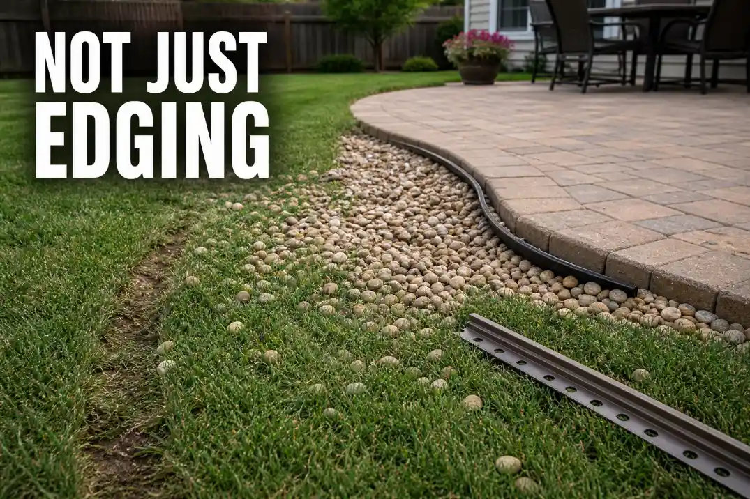 Loose gravel spreading into lawn past weak edging with mower tracks beside a backyard patio border.