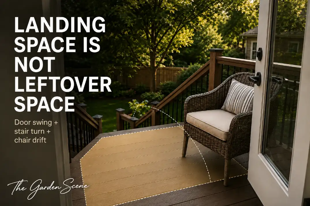 Small raised deck landing showing a pulled-out chair blocking the clear zone between the back door and stairs.
