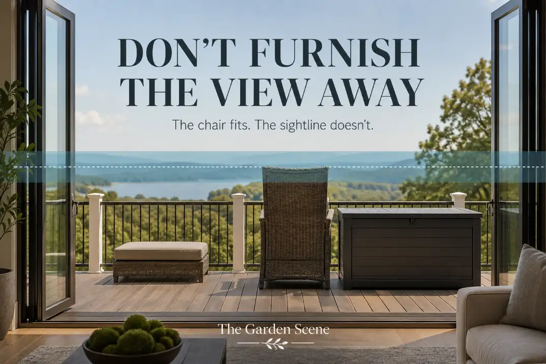 Deck furniture around railings showing tall chair backs and bulky storage blocking the backyard view from inside the house.