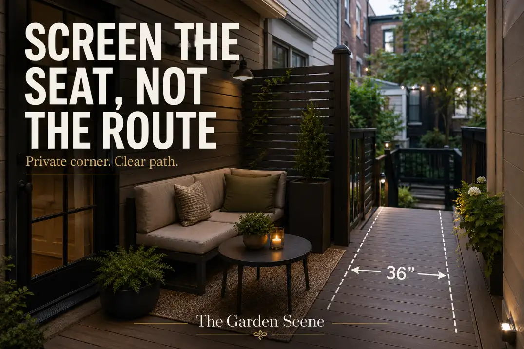 Townhouse deck layout showing a privacy screen beside compact seating while keeping the walking route to the stairs clear.