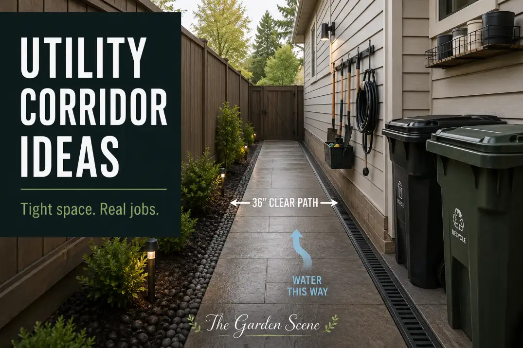 Organized narrow side yard utility corridor with a clear access path, off-path bin storage, and drainage direction beside a house.