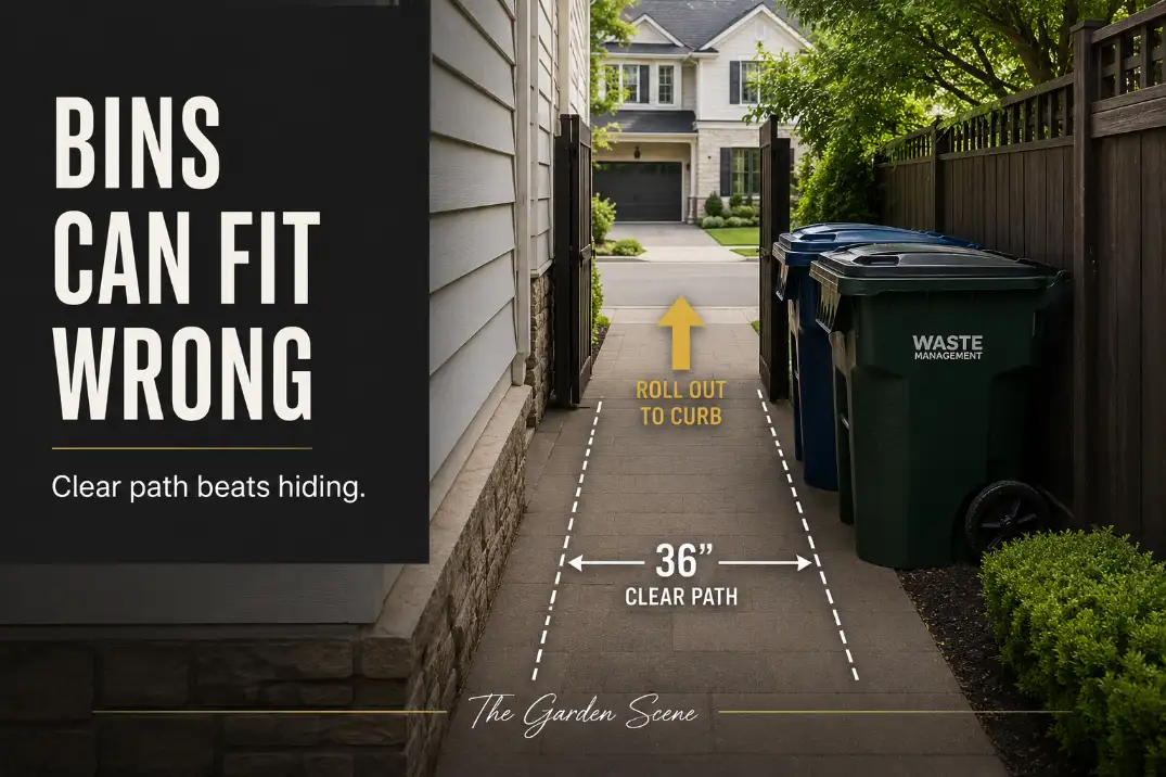 Narrow side yard with trash bins that fit beside the house but squeeze the clear path to the gate.