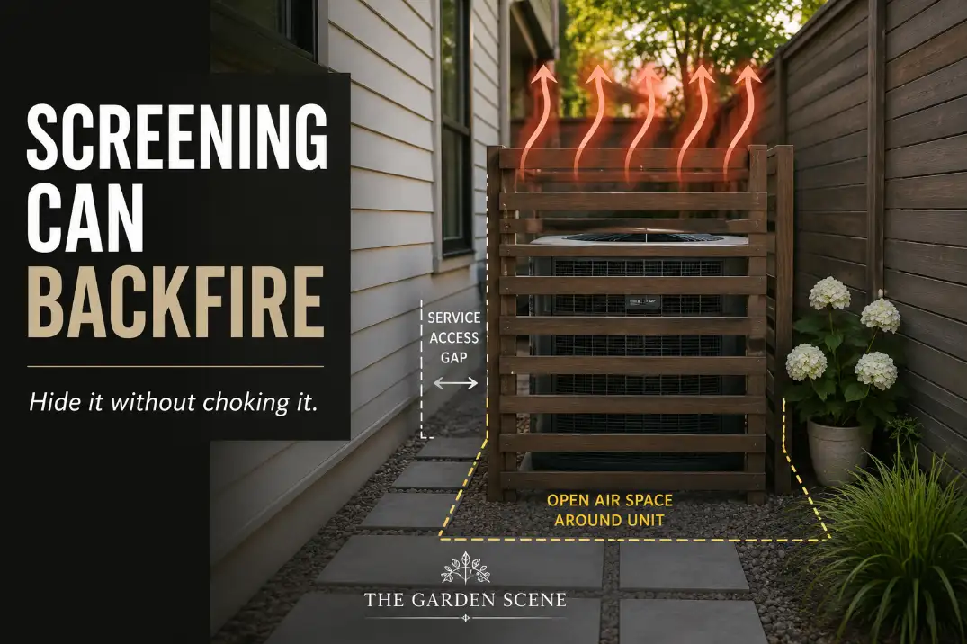 Outdoor AC unit in a narrow side yard with a decorative slat screen placed too close and airflow arrows showing trapped heat.