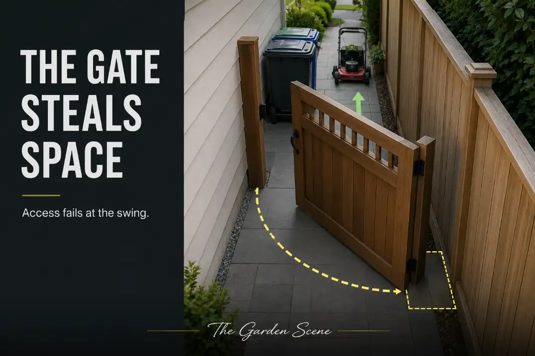 Side yard gate swing clearance mistake showing an open gate blocking the route for bins and equipment.