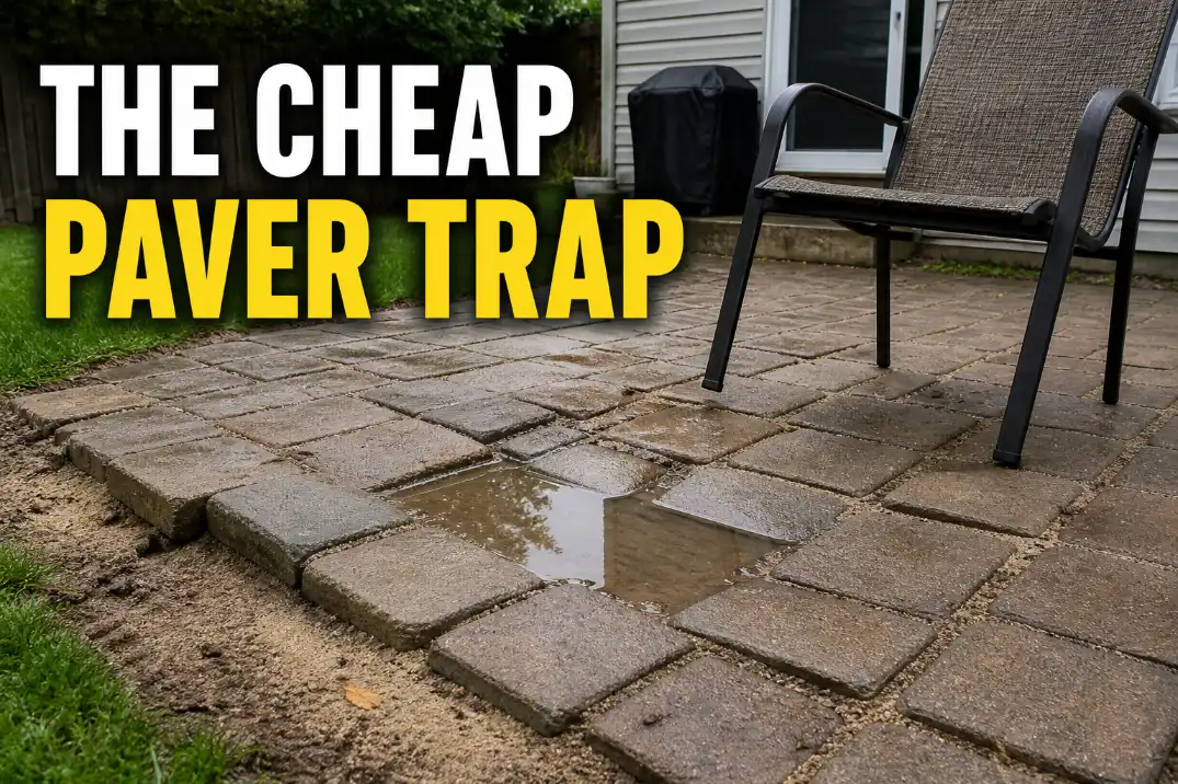 Cheap backyard pavers shifting out of place with widened joints, pooling water, and uneven patio edges after rain.