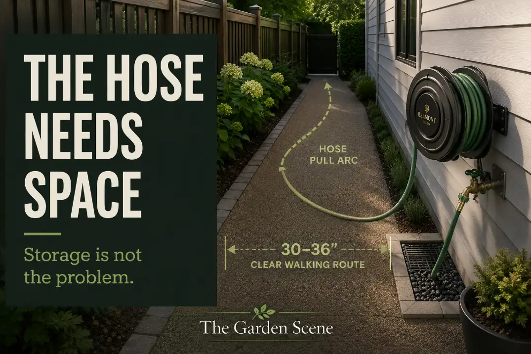 Side yard outdoor faucet and hose reel zone showing hose pull space, clear walking route, and dry pad below the faucet.