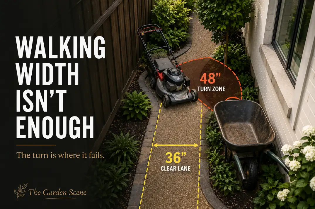 Side yard access path showing a mower and wheelbarrow struggling through a narrow lane with weak edges and a tight turn zone.