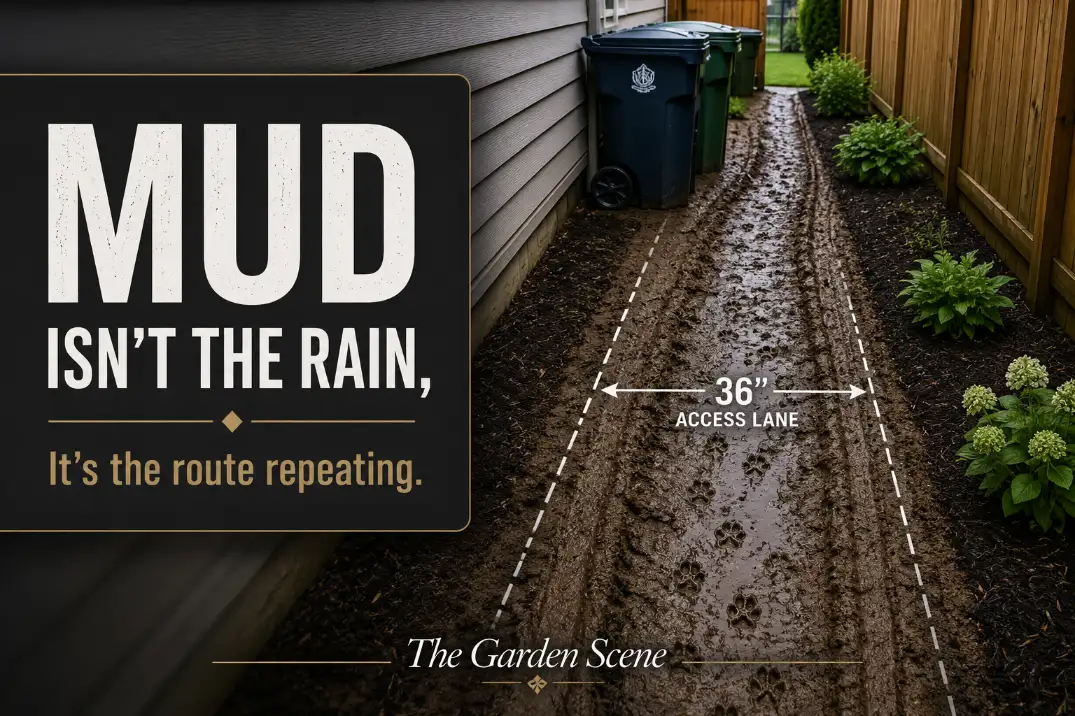 Muddy narrow side yard access lane with dog paw prints and trash bin wheel ruts showing repeated traffic through a wet route.