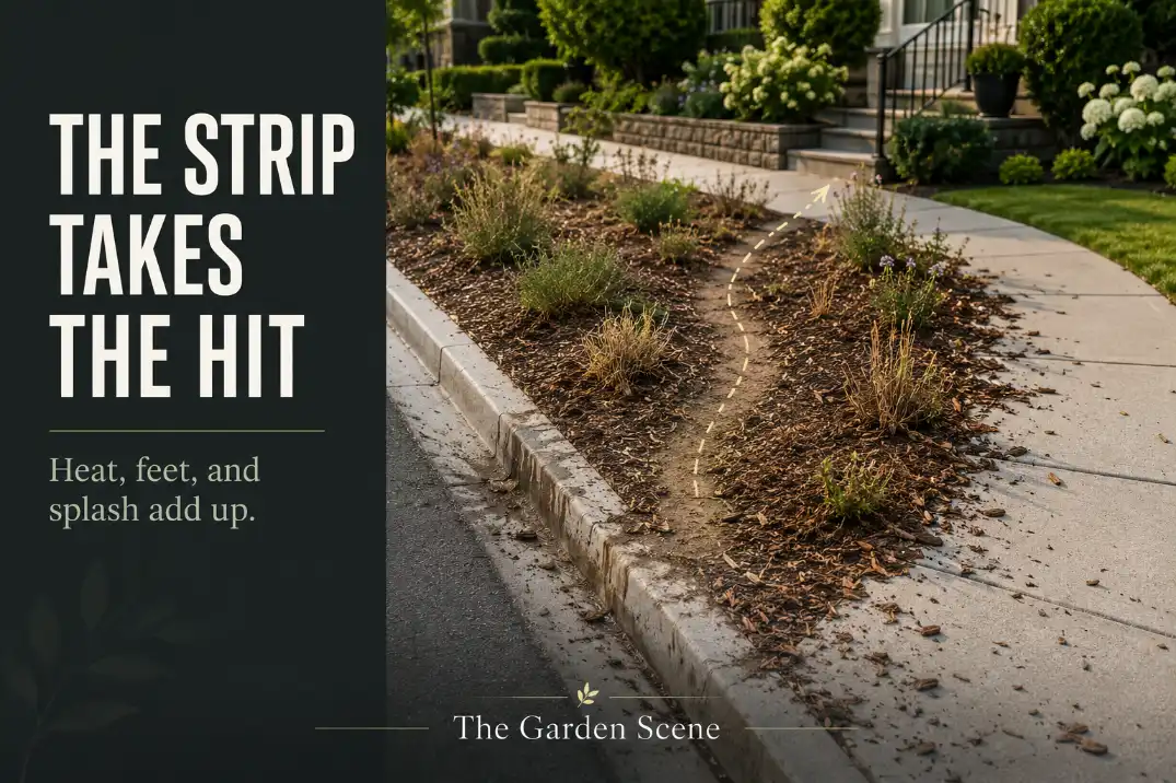 Sidewalk strip with heat-browned edges, mulch drift, curb splash, and a worn pedestrian shortcut beside a suburban sidewalk.