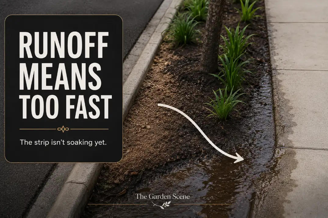 Narrow sidewalk strip being watered too quickly with runoff flowing onto the concrete before the soil can absorb it.