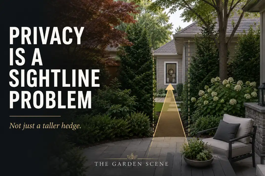 Privacy landscaping in a suburban yard showing a highlighted sightline gap between layered shrubs and a neighboring window.