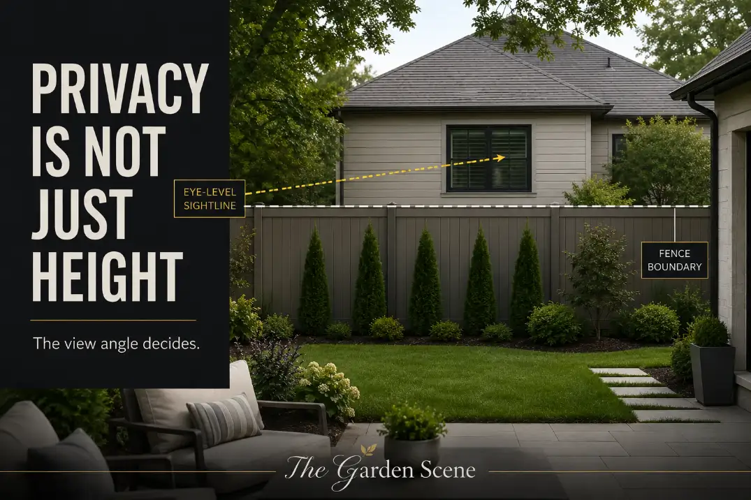 Suburban backyard privacy fence showing an open sightline from patio seating toward a neighboring window.