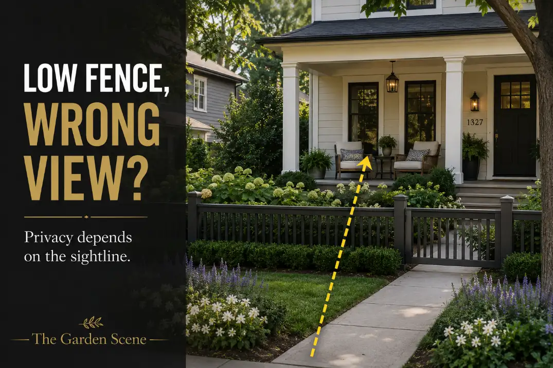Low fence landscaping in a front yard showing a sidewalk-to-porch sightline that still leaves the seating area exposed.