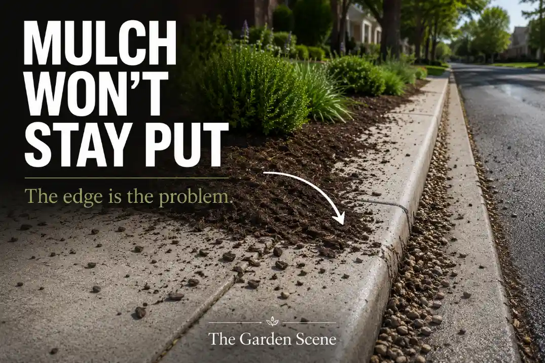 Sidewalk strip with mulch and gravel spilling onto the sidewalk and curb because the edging is too weak to hold loose material.