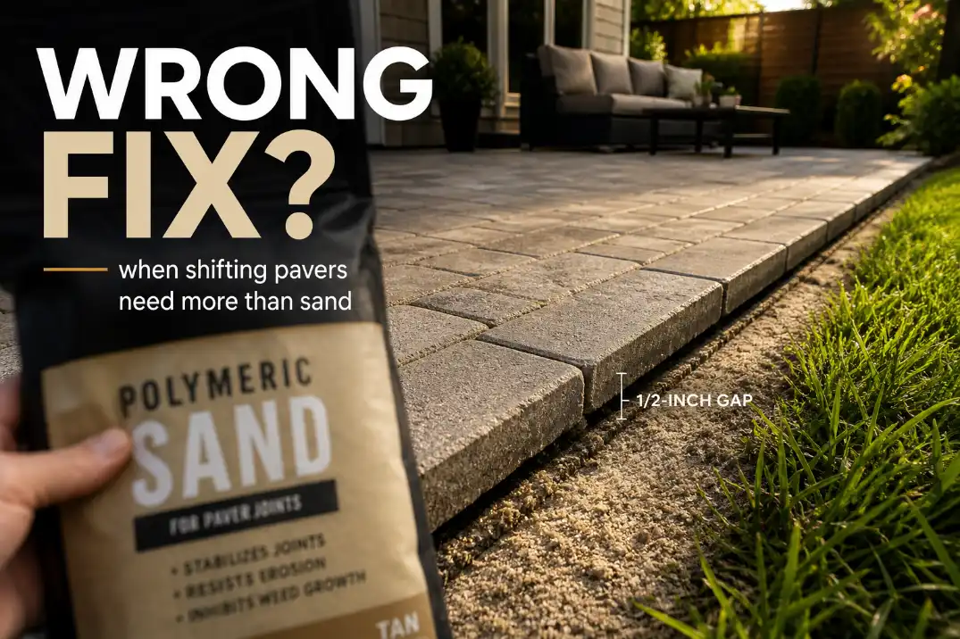 Shifting paver patio with loose joint sand, widening edge joints, and bold text saying sand will not fix the movement.
