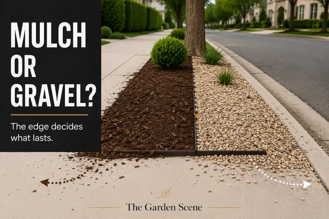 Mulch and gravel sidewalk strip comparison showing loose material scattering because the edge is too low.