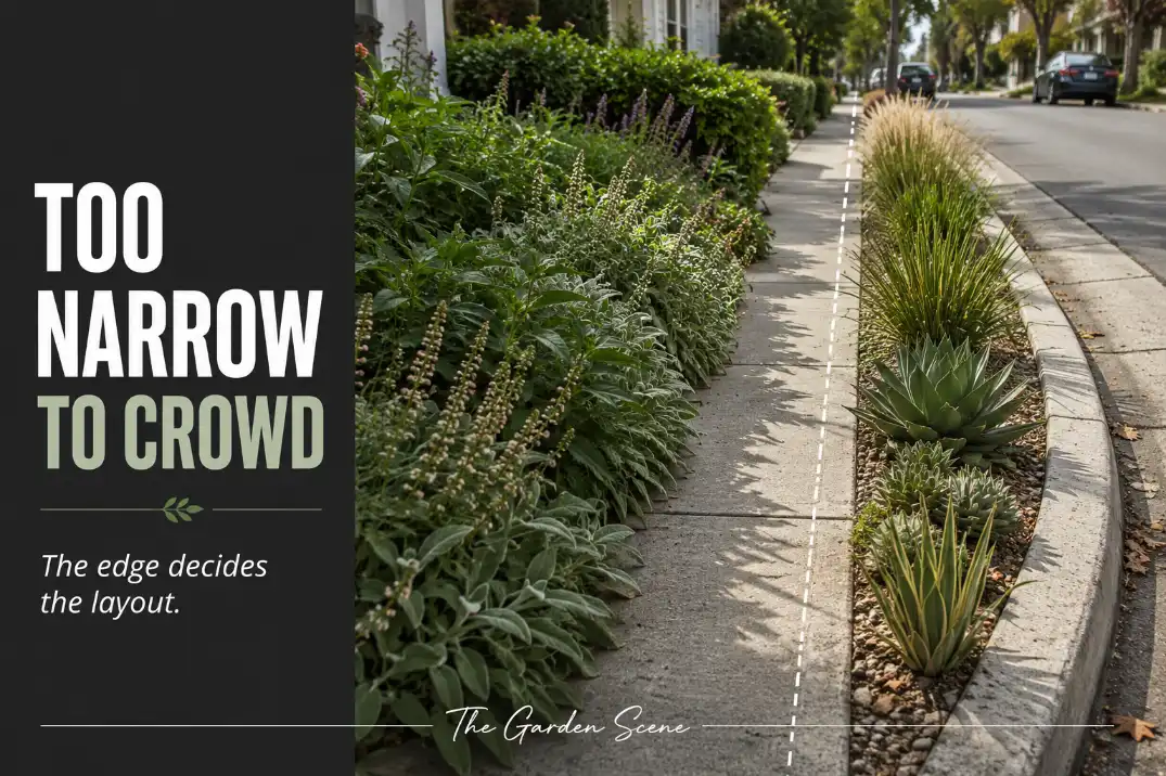 Narrow sidewalk strip under 3 feet wide with mature plants crowding the walkway edge and a clear walking zone highlighted.
