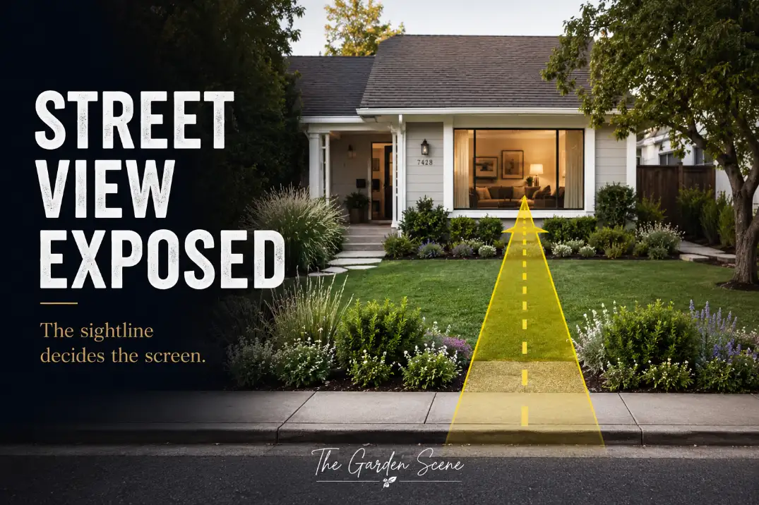 Street-facing front yard with exposed windows and a highlighted sidewalk sightline showing where privacy landscaping should block street views.