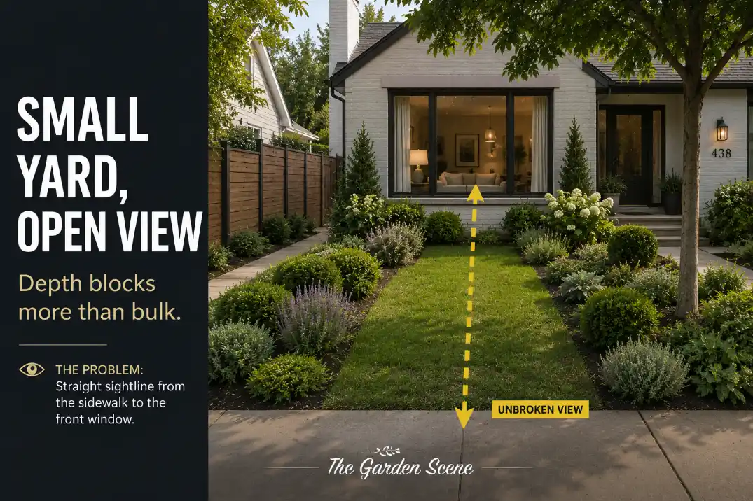 Small front yard with exposed windows and a highlighted sidewalk sightline showing where privacy landscaping should interrupt the view.