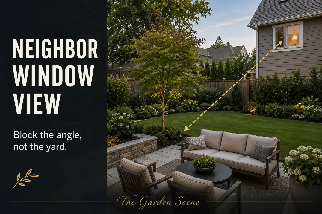 Privacy landscaping from neighbor windows showing a highlighted sightline from a side window into a backyard patio.