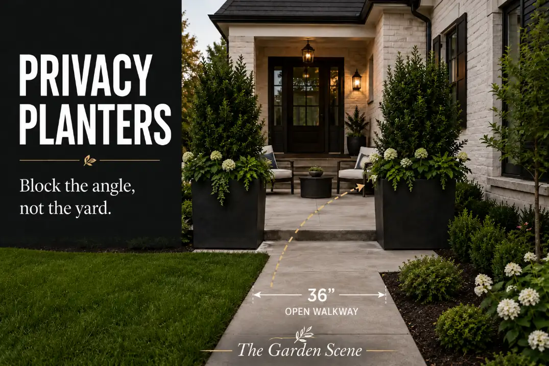 Front patio privacy planters placed on the sidewalk-to-chair sightline while keeping a clear walkway open.