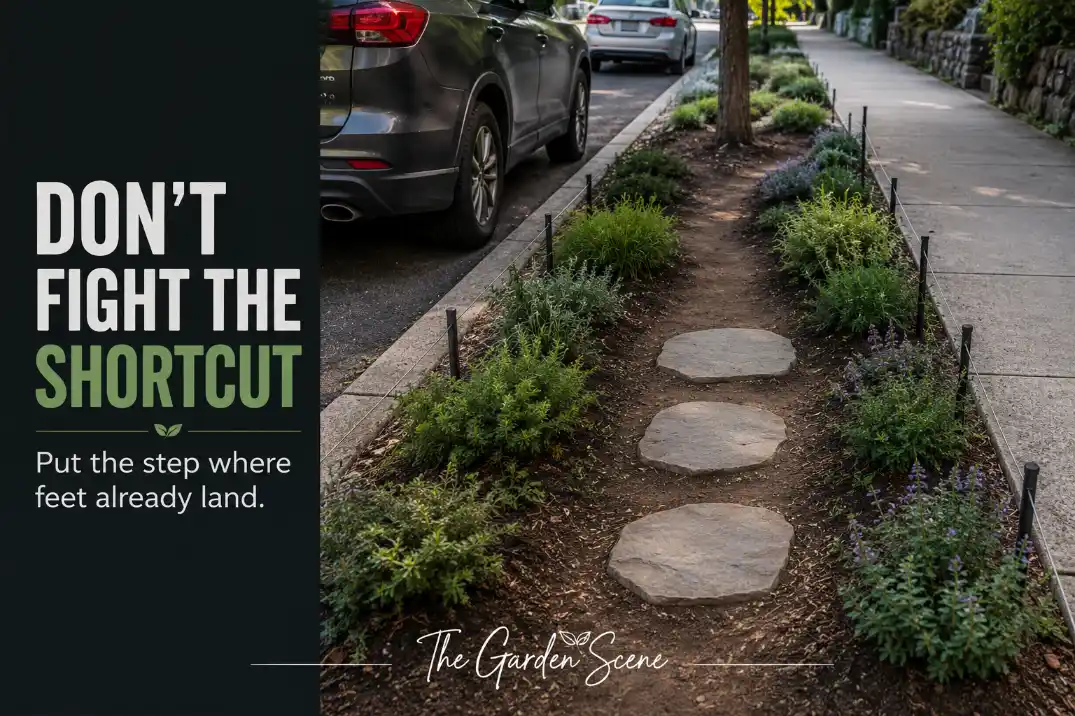 Stepping stones placed through a sidewalk strip where foot traffic has worn a diagonal shortcut through low curbside plants.