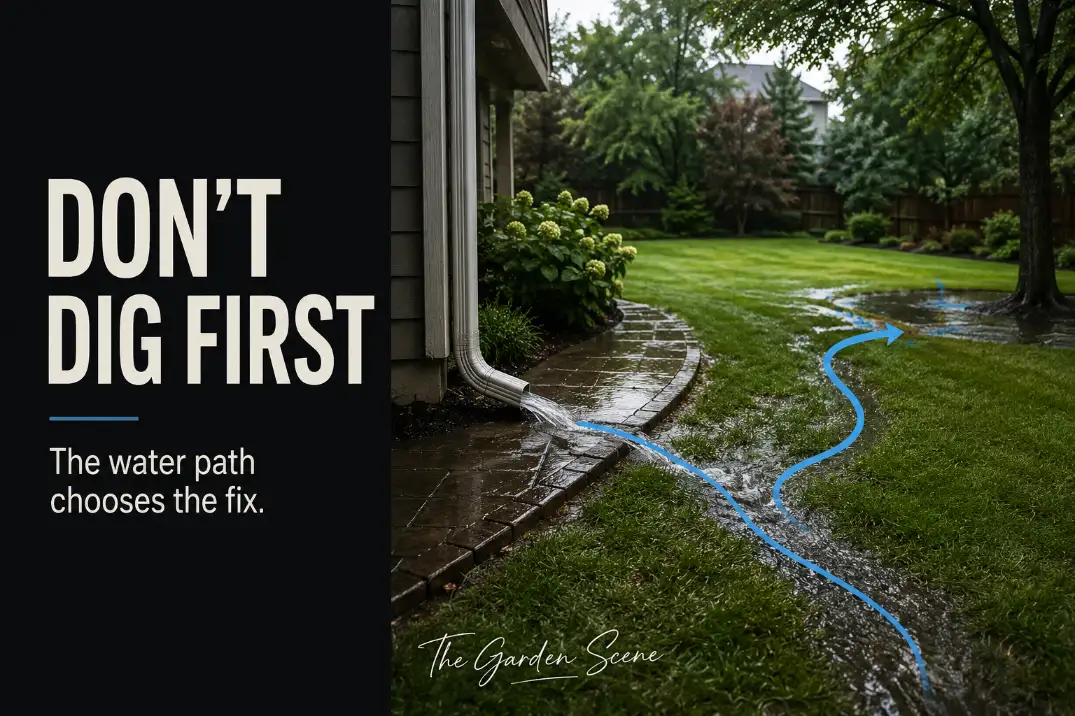 Soggy suburban backyard after rain showing water running from a downspout and patio edge into a low spot before choosing a drainage fix.